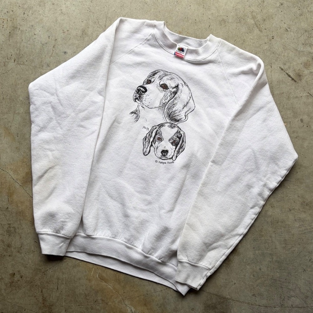 Vintage Fruit of the Loom Beagle Dog Sweatshirt XXL White Made in USA 90s Raglan